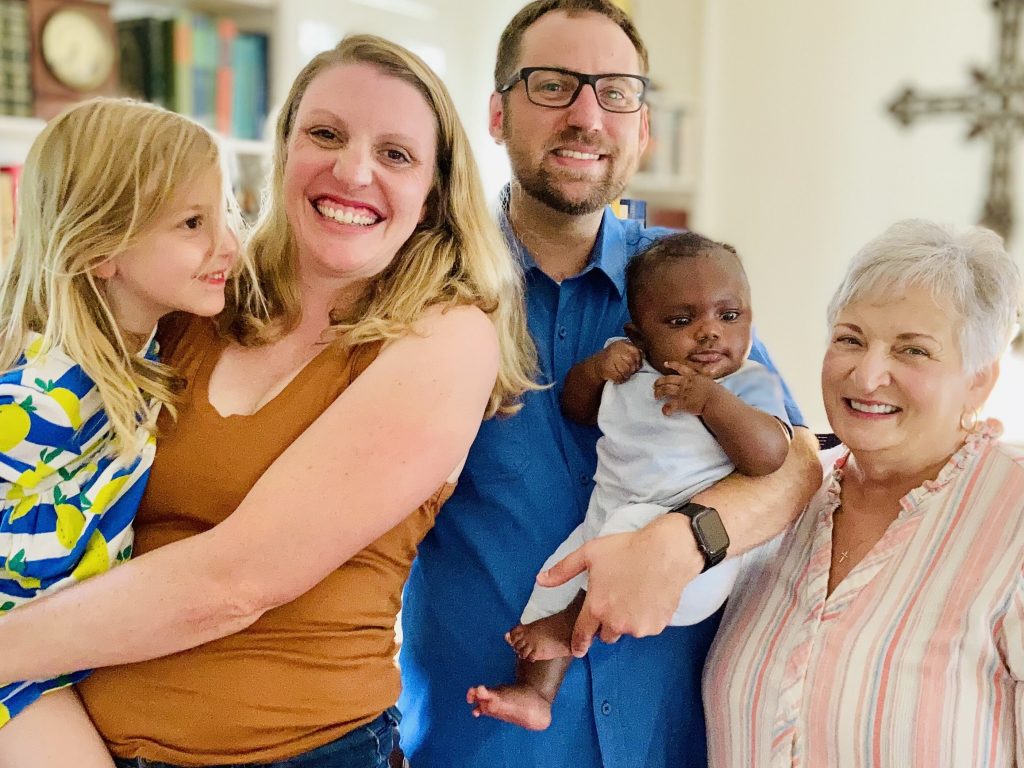 Kathy McKinney, David and Hannah Scudder, and their two children