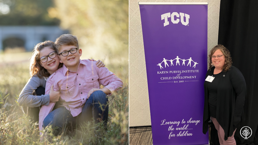 2 photos: On the left, Laurie Hart's son and daughter. On the right, Laurie Hart standing next to a TCU banner at TBRI training. 